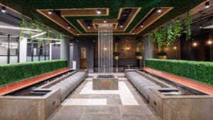 Biophilia is the design purpose of this space to relax in a commercial office building. It features a square rain curtain in the center with reflecting pools surrounding and an interesting wooden and greenery ceiling.